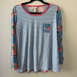 Matilda Jane Blue Striped Top with Pink Floral Accents